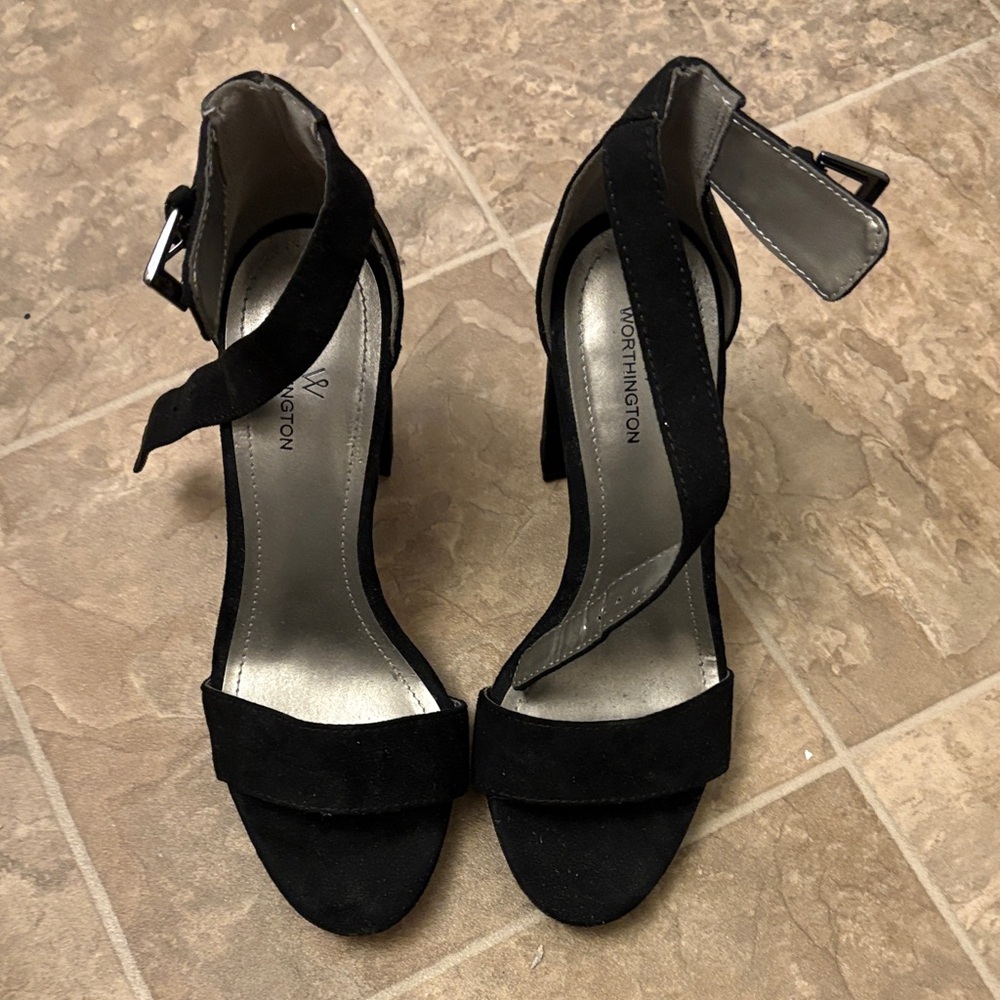 Worthington Black Suede Block Heel Sandals with Ankle Strap